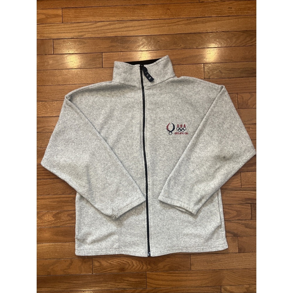 Vintage Team USA Olympics Full-Zip Fleece Jacket 2008 Beijing Size Medium Gray